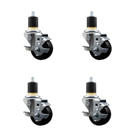 Service Caster 3'' SS Soft Rubber Swivel 1-7/8'' Expanding Stem Caster Set with Brake, 4PK SCC-SSEX20S314-SRS-TLB-178-4